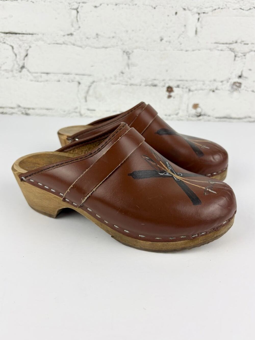 Tessa Clogs Brown Leather Painted Ski Swedish Wooden Mule 36